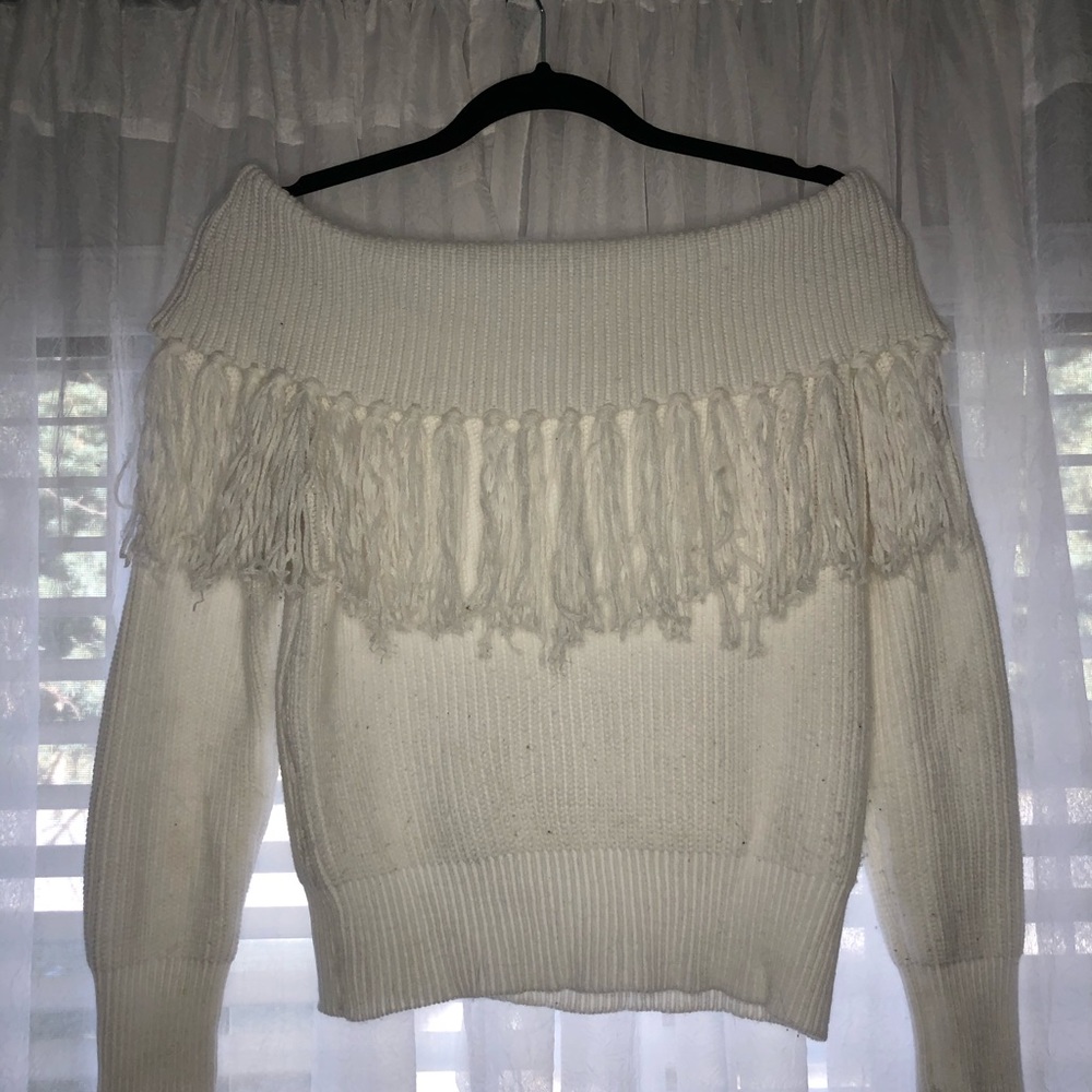 White Fringe Off the Shoulder Sweater